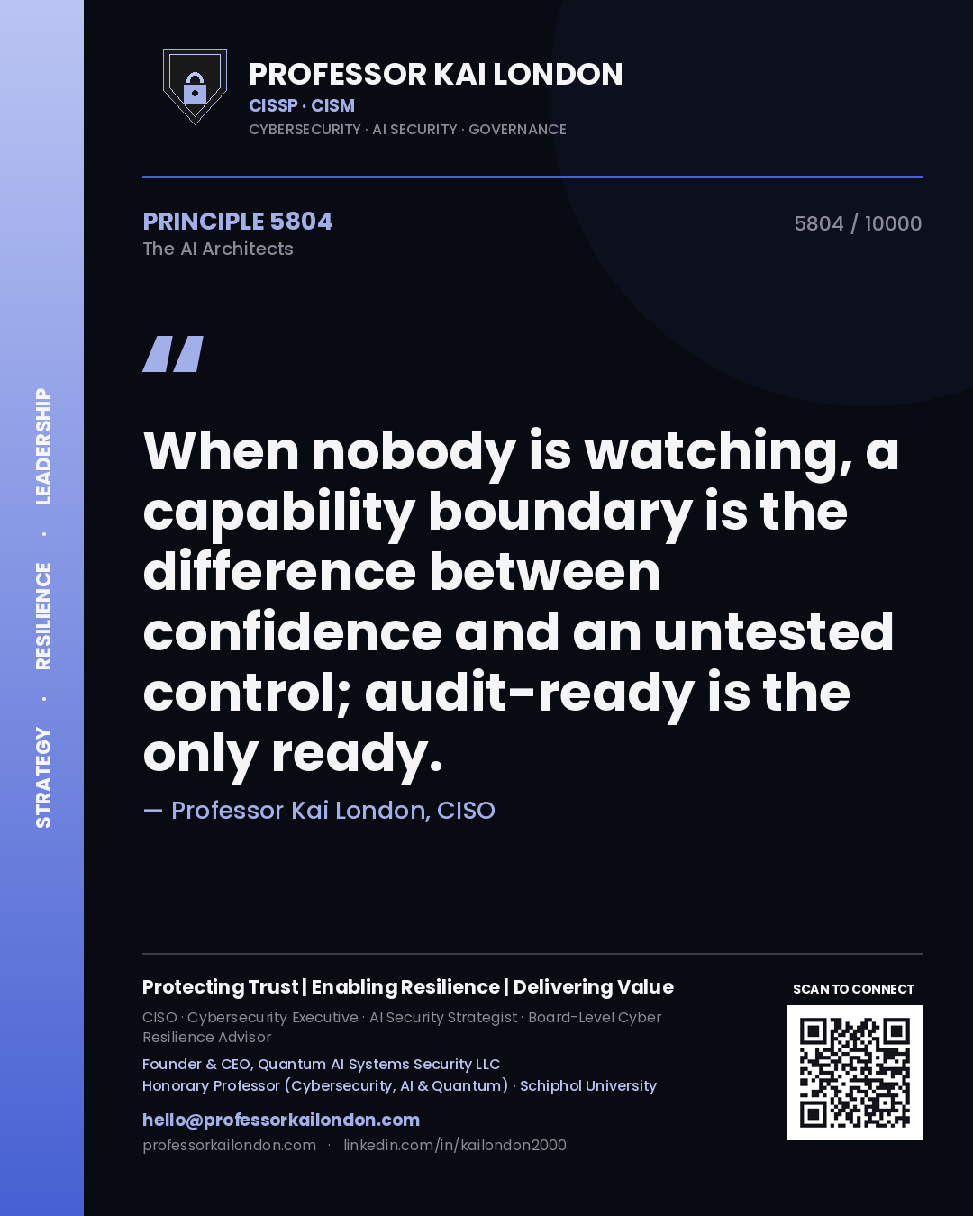 Professor Kai London principle 5804: When nobody is watching, a capability boundary is the difference between confidence and an untested control; audit-ready is the only ready.