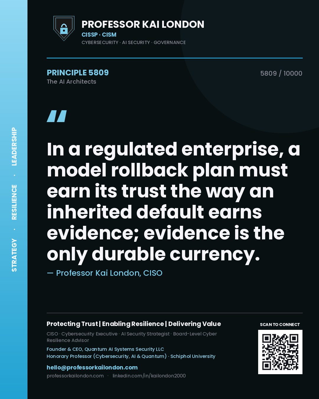 Professor Kai London principle 5809: In a regulated enterprise, a model rollback plan must earn its trust the way an inherited default earns evidence; evidence is the only durable currency.