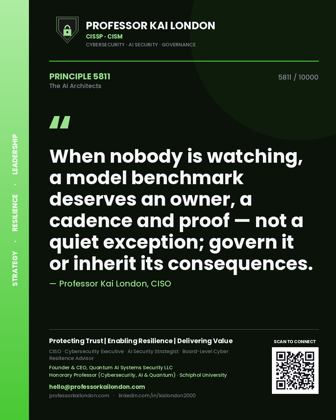 Professor Kai London principle 5811: When nobody is watching, a model benchmark deserves an owner, a cadence and proof — not a quiet exception; govern it or inherit its consequences.