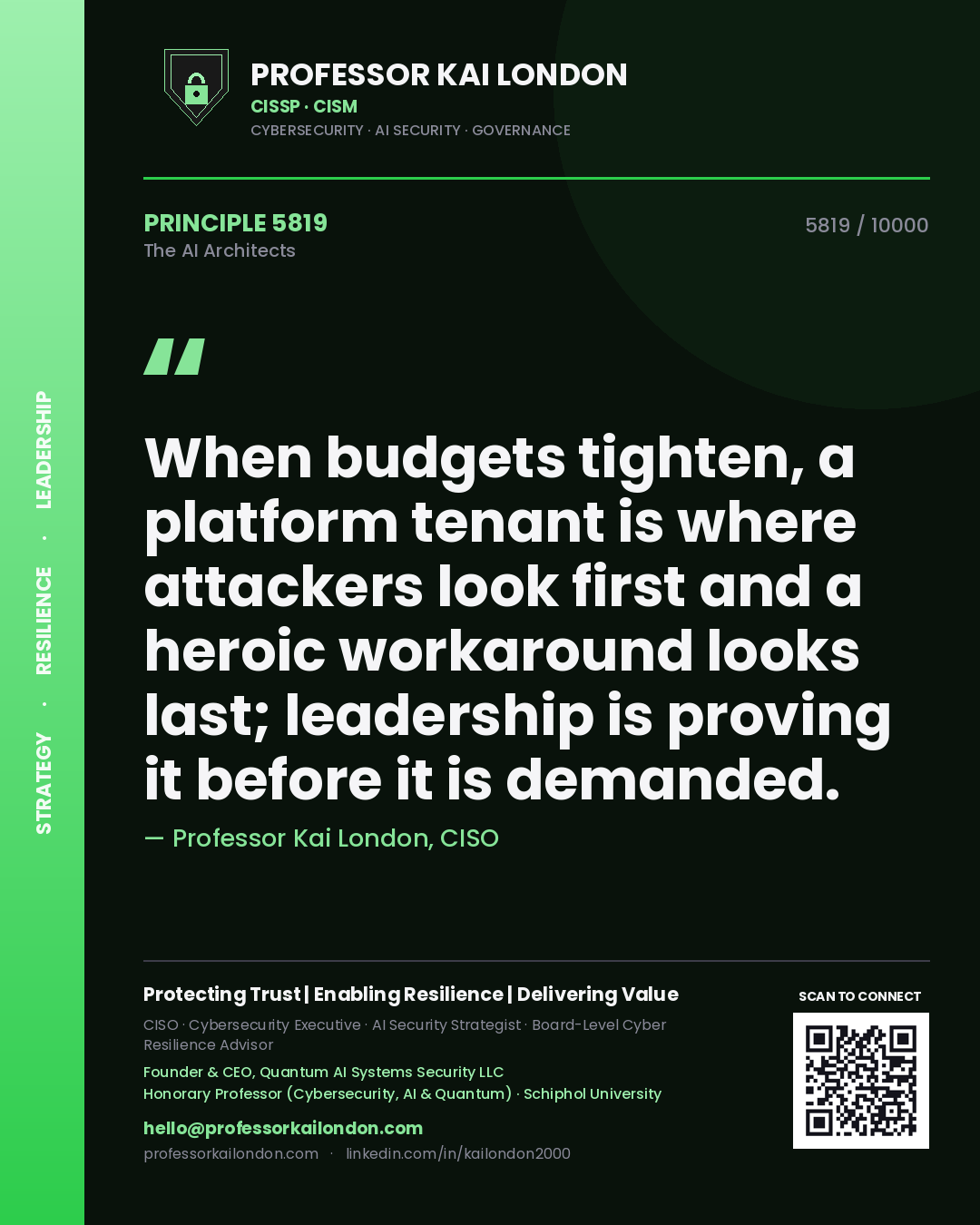 Professor Kai London principle 5819: When budgets tighten, a platform tenant is where attackers look first and a heroic workaround looks last; leadership is proving it before it is demanded.