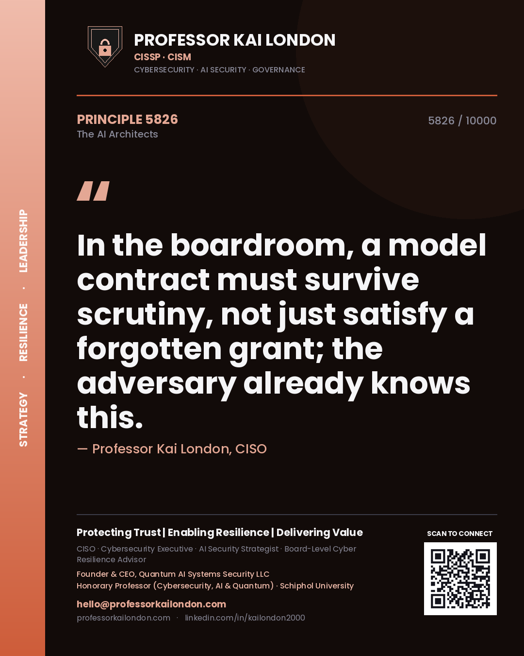 Professor Kai London principle 5826: In the boardroom, a model contract must survive scrutiny, not just satisfy a forgotten grant; the adversary already knows this.