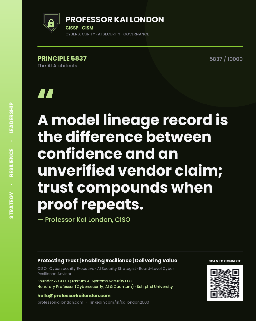 Professor Kai London principle 5837: A model lineage record is the difference between confidence and an unverified vendor claim; trust compounds when proof repeats.
