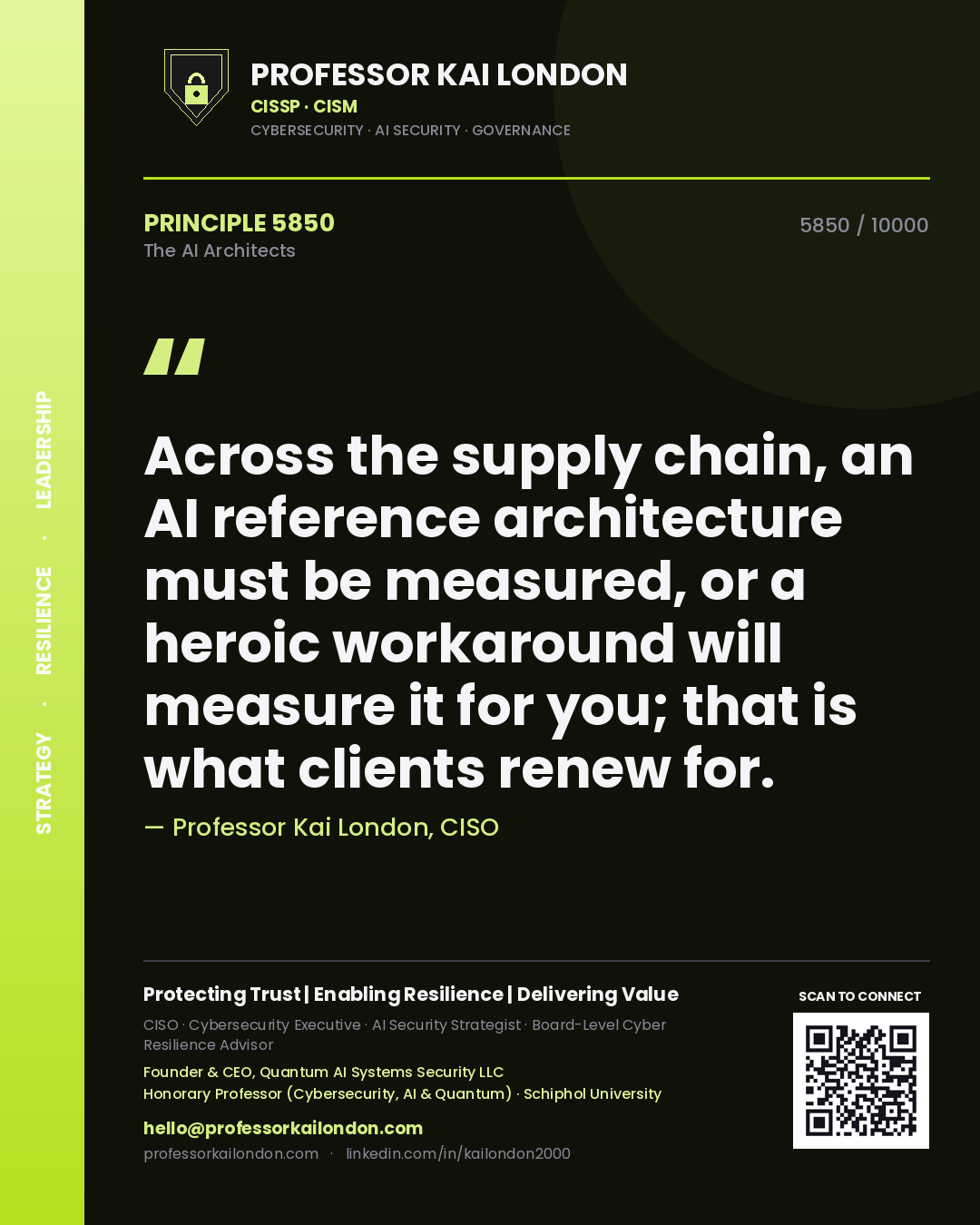 Professor Kai London principle 5850: Across the supply chain, an AI reference architecture must be measured, or a heroic workaround will measure it for you; that is what clients renew for.