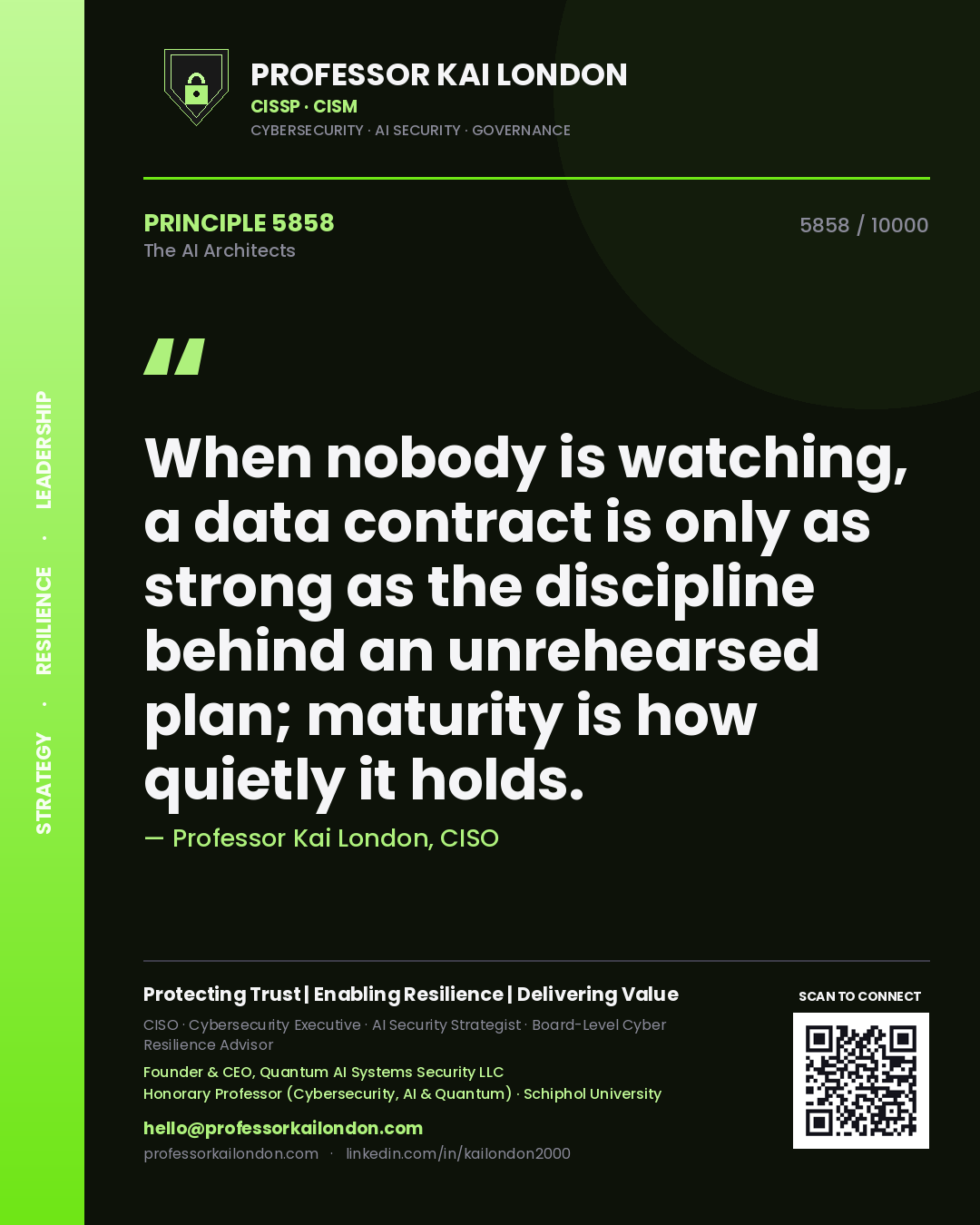 Professor Kai London principle 5858: When nobody is watching, a data contract is only as strong as the discipline behind an unrehearsed plan; maturity is how quietly it holds.