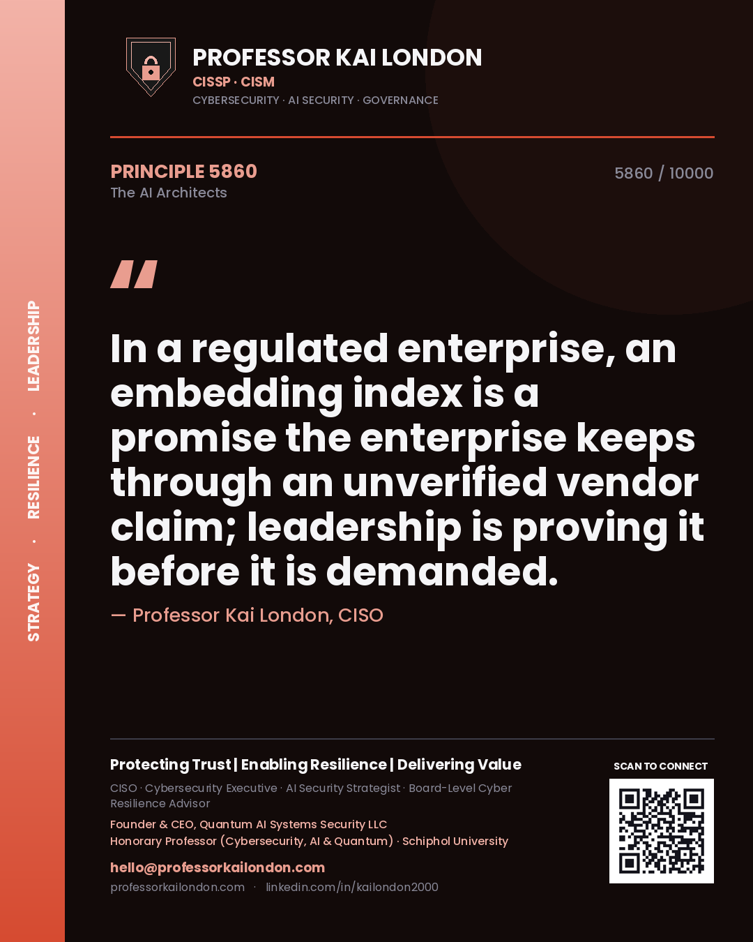 Professor Kai London principle 5860: In a regulated enterprise, an embedding index is a promise the enterprise keeps through an unverified vendor claim; leadership is proving it before it is demanded.