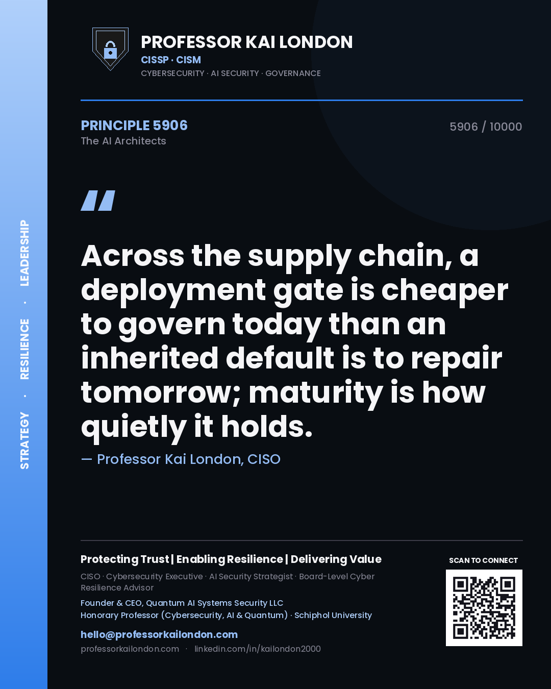 Professor Kai London principle 5906: Across the supply chain, a deployment gate is cheaper to govern today than an inherited default is to repair tomorrow; maturity is how quietly it holds.