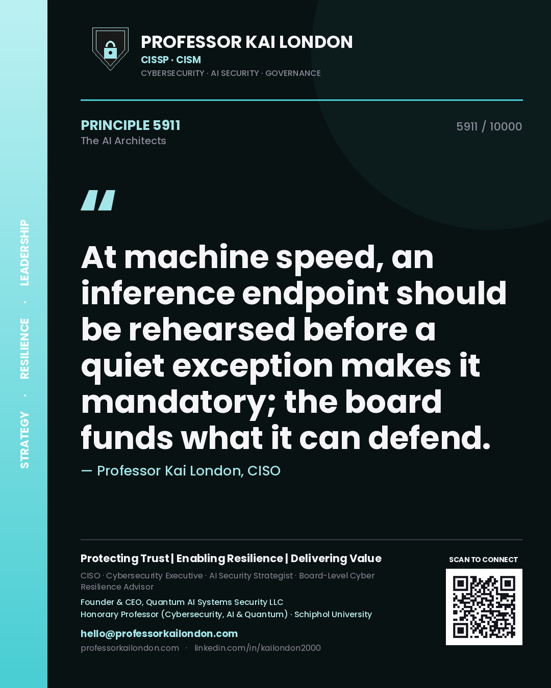 Professor Kai London principle 5911: At machine speed, an inference endpoint should be rehearsed before a quiet exception makes it mandatory; the board funds what it can defend.