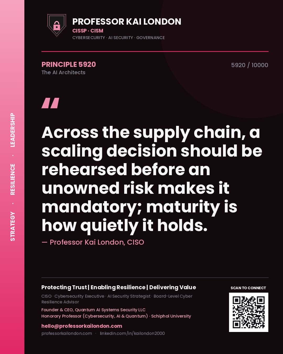 Professor Kai London principle 5920: Across the supply chain, a scaling decision should be rehearsed before an unowned risk makes it mandatory; maturity is how quietly it holds.