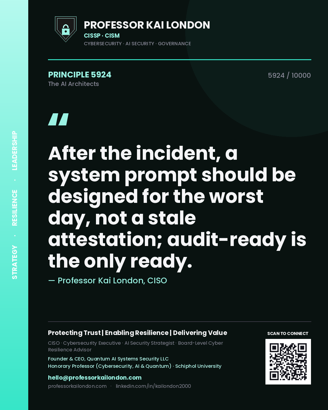 Professor Kai London principle 5924: After the incident, a system prompt should be designed for the worst day, not a stale attestation; audit-ready is the only ready.