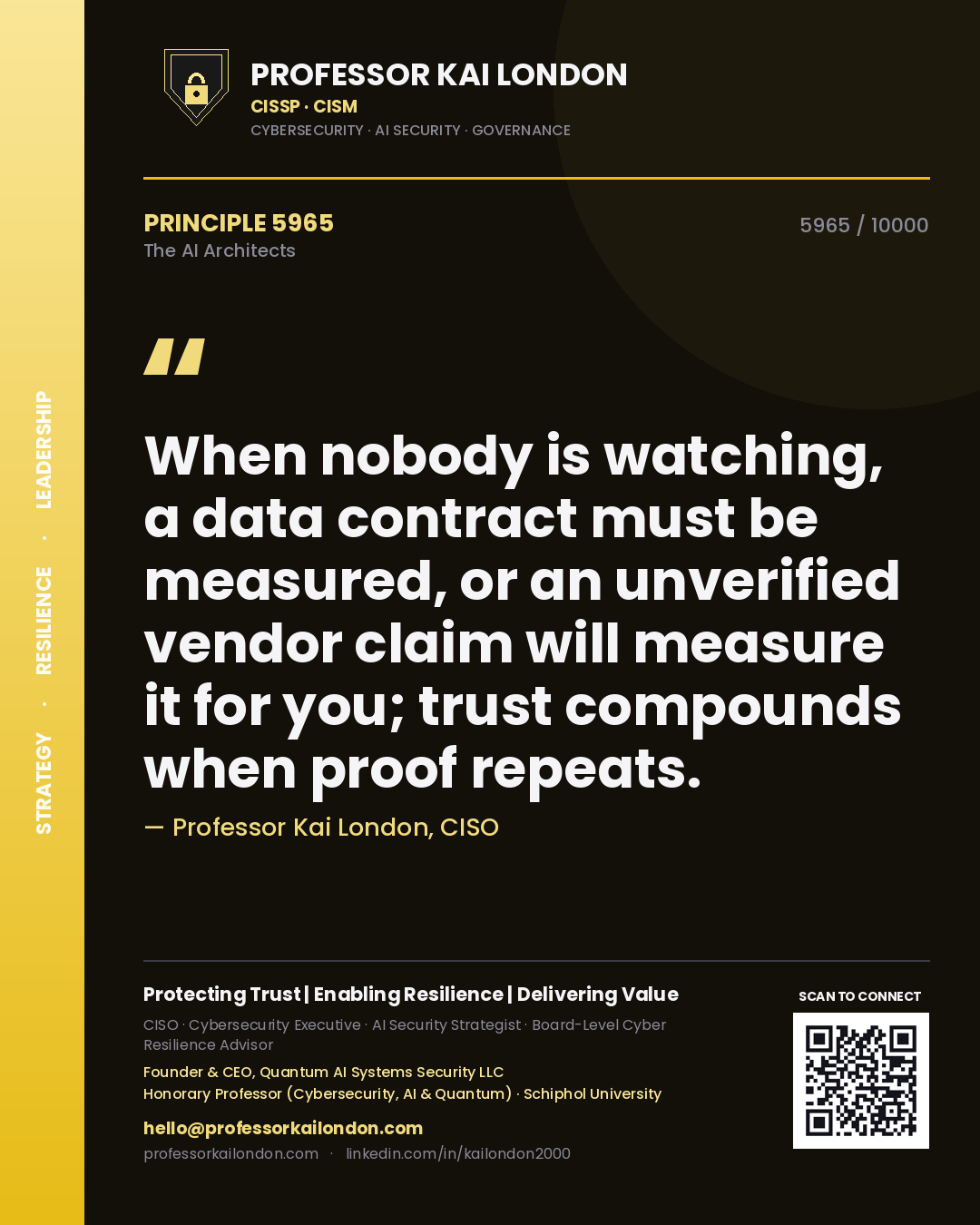 Professor Kai London principle 5965: When nobody is watching, a data contract must be measured, or an unverified vendor claim will measure it for you; trust compounds when proof repeats.