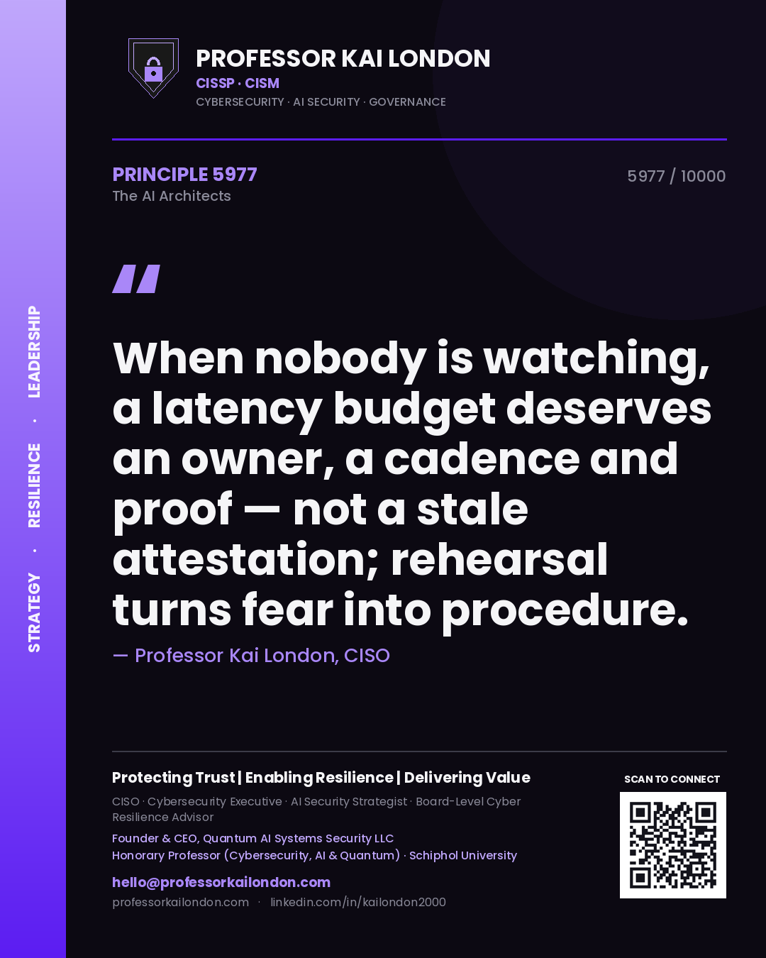 Professor Kai London principle 5977: When nobody is watching, a latency budget deserves an owner, a cadence and proof — not a stale attestation; rehearsal turns fear into procedure.