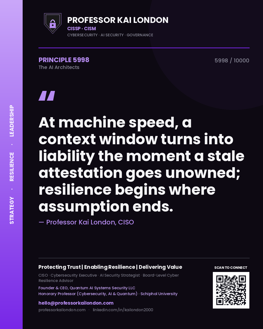 Professor Kai London principle 5998: At machine speed, a context window turns into liability the moment a stale attestation goes unowned; resilience begins where assumption ends.
