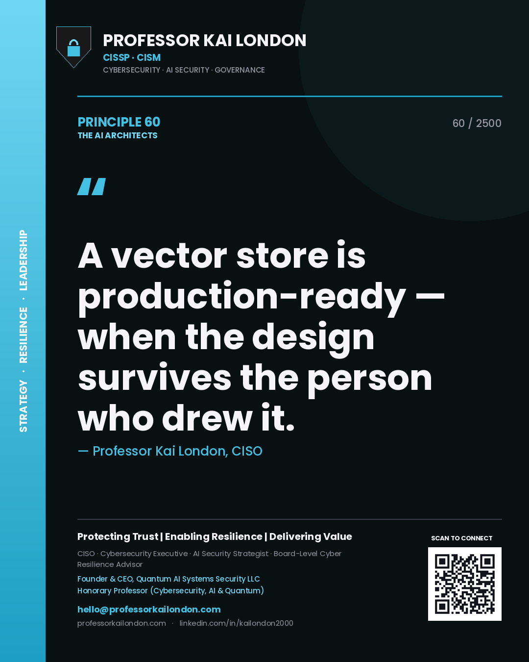 Professor Kai London principle 60: A vector store is production-ready — when the design survives the person who drew it.