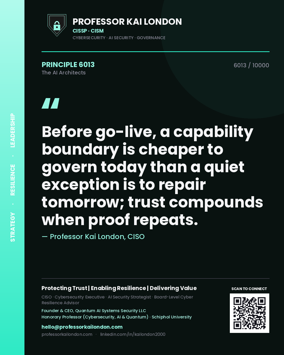 Professor Kai London principle 6013: Before go-live, a capability boundary is cheaper to govern today than a quiet exception is to repair tomorrow; trust compounds when proof repeats.