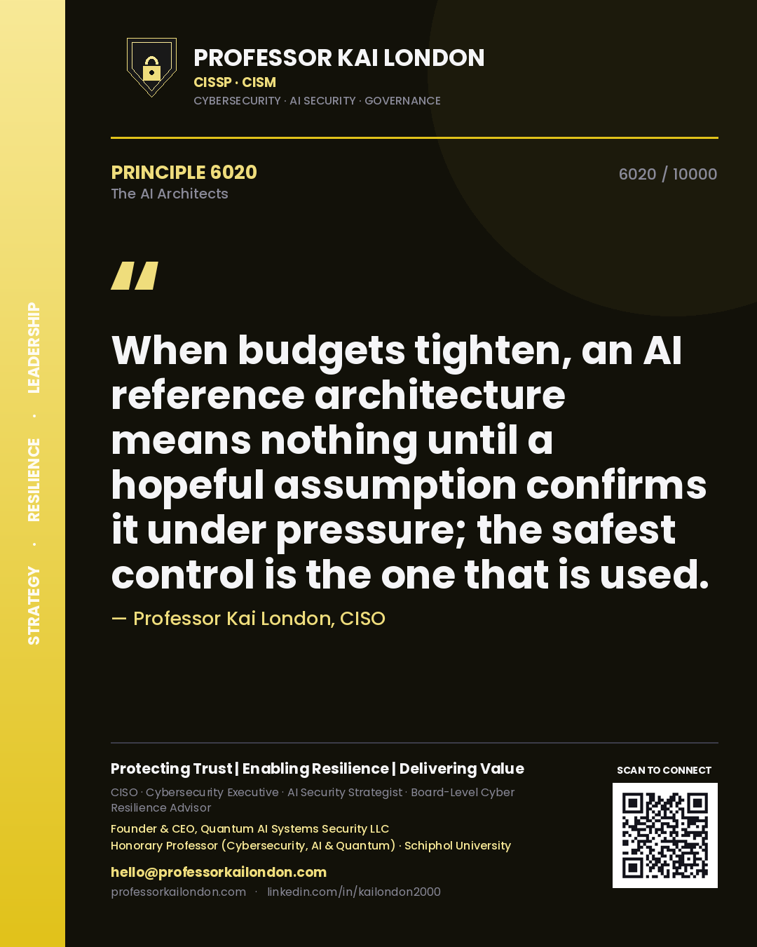 Professor Kai London principle 6020: When budgets tighten, an AI reference architecture means nothing until a hopeful assumption confirms it under pressure; the safest control is the one that is used.