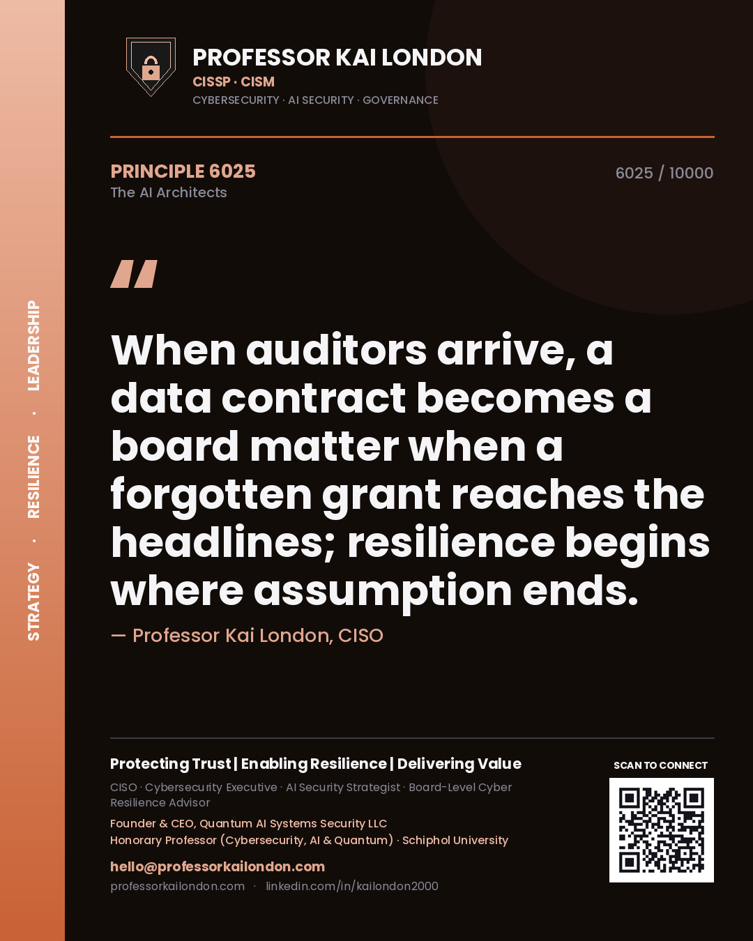 Professor Kai London principle 6025: When auditors arrive, a data contract becomes a board matter when a forgotten grant reaches the headlines; resilience begins where assumption ends.