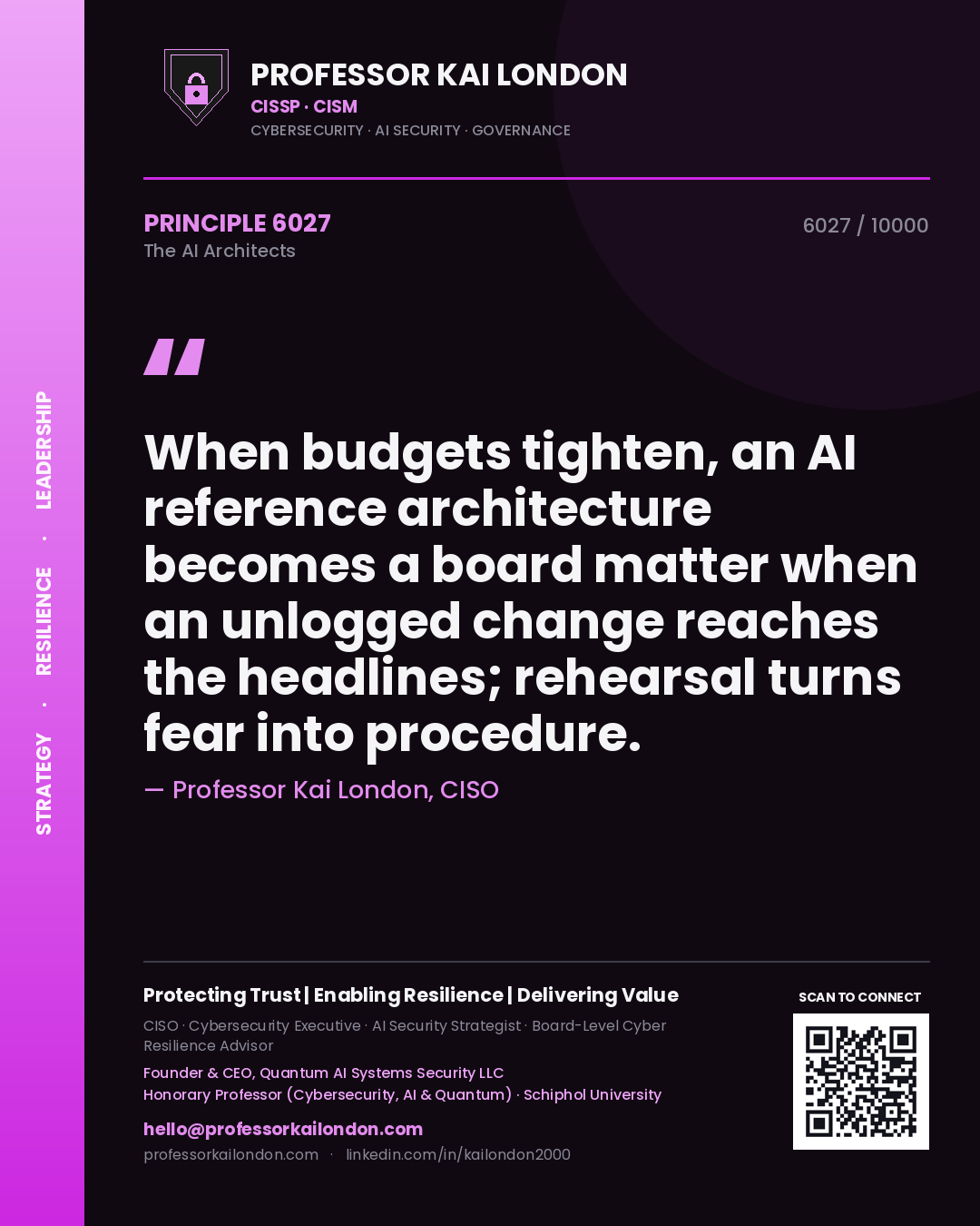Professor Kai London principle 6027: When budgets tighten, an AI reference architecture becomes a board matter when an unlogged change reaches the headlines; rehearsal turns fear into procedure.