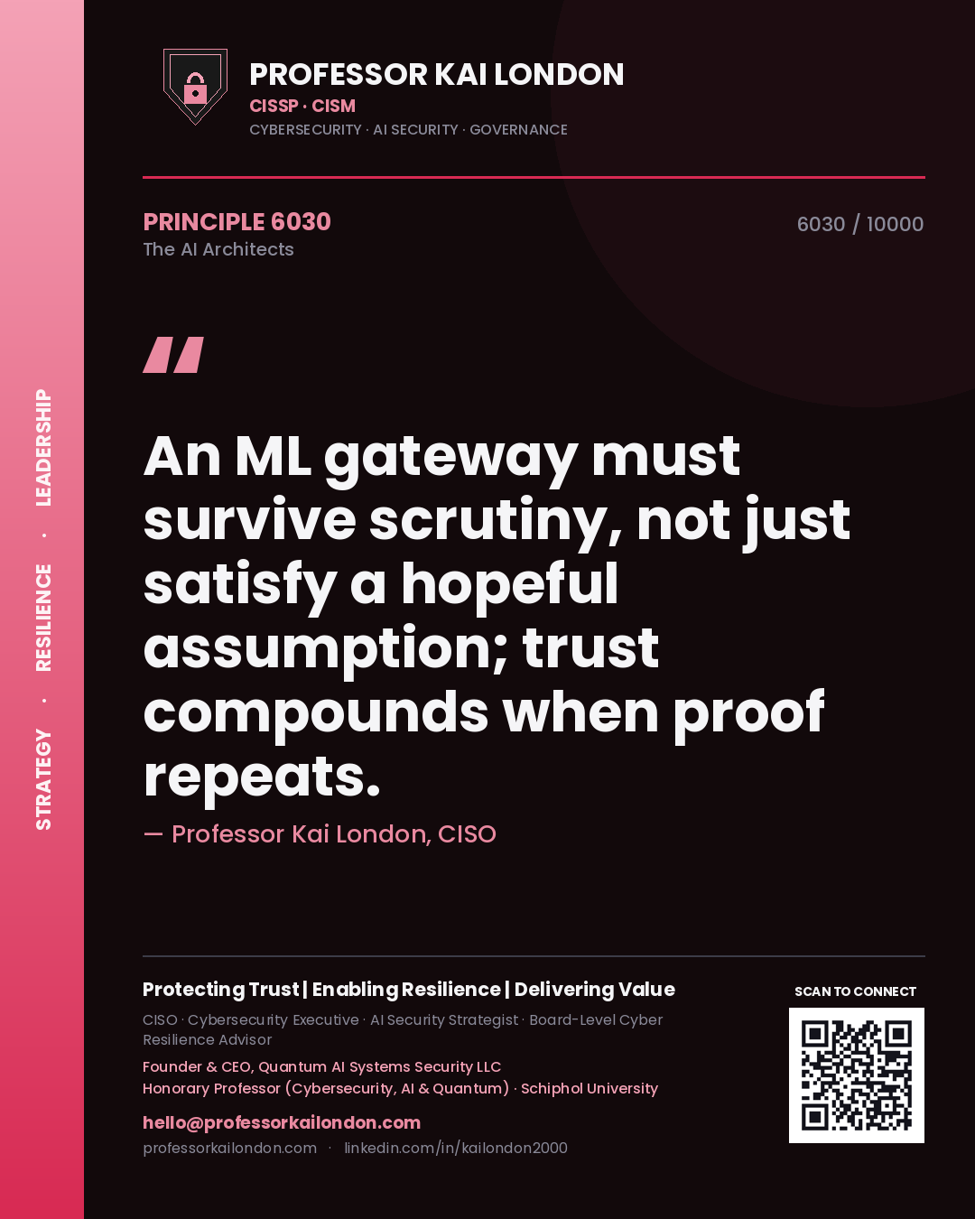Professor Kai London principle 6030: An ML gateway must survive scrutiny, not just satisfy a hopeful assumption; trust compounds when proof repeats.