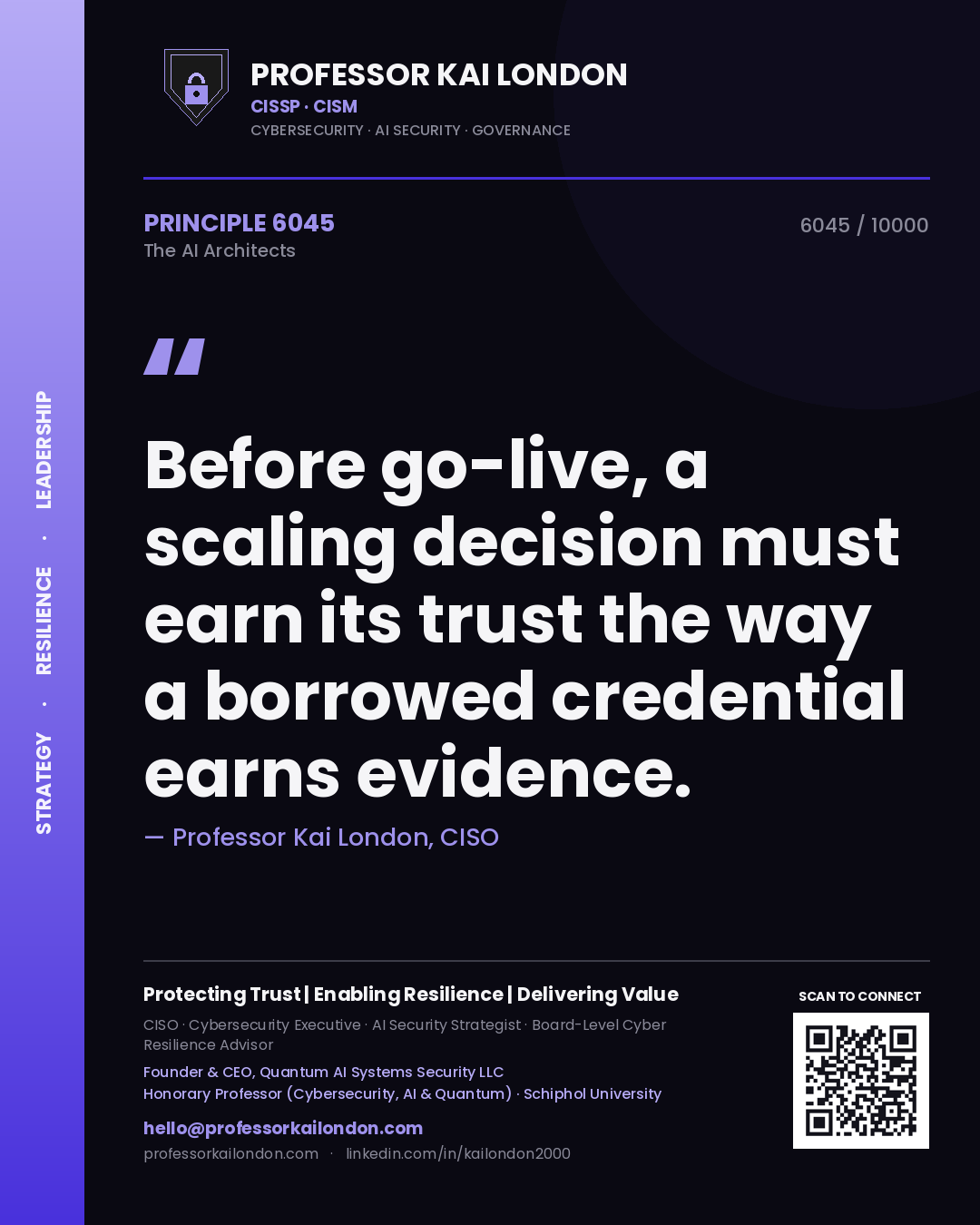 Professor Kai London principle 6045: Before go-live, a scaling decision must earn its trust the way a borrowed credential earns evidence.