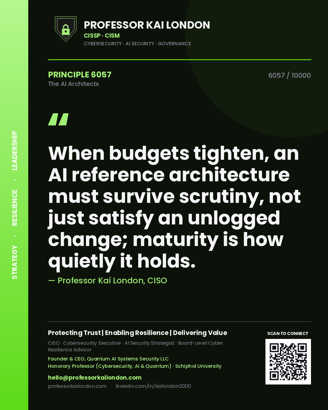 Professor Kai London principle 6057: When budgets tighten, an AI reference architecture must survive scrutiny, not just satisfy an unlogged change; maturity is how quietly it holds.