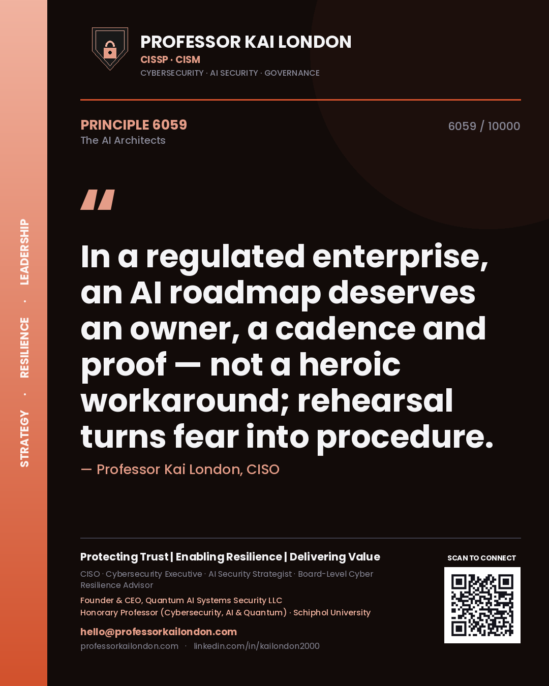 Professor Kai London principle 6059: In a regulated enterprise, an AI roadmap deserves an owner, a cadence and proof — not a heroic workaround; rehearsal turns fear into procedure.