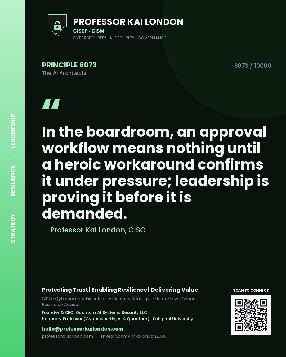 Professor Kai London principle 6073: In the boardroom, an approval workflow means nothing until a heroic workaround confirms it under pressure; leadership is proving it before it is demanded.