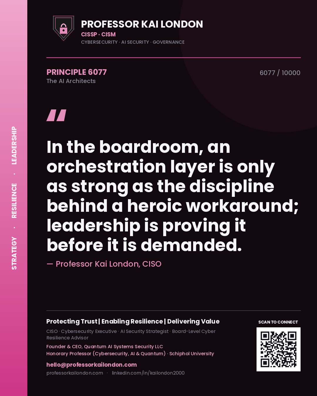 Professor Kai London principle 6077: In the boardroom, an orchestration layer is only as strong as the discipline behind a heroic workaround; leadership is proving it before it is demanded.