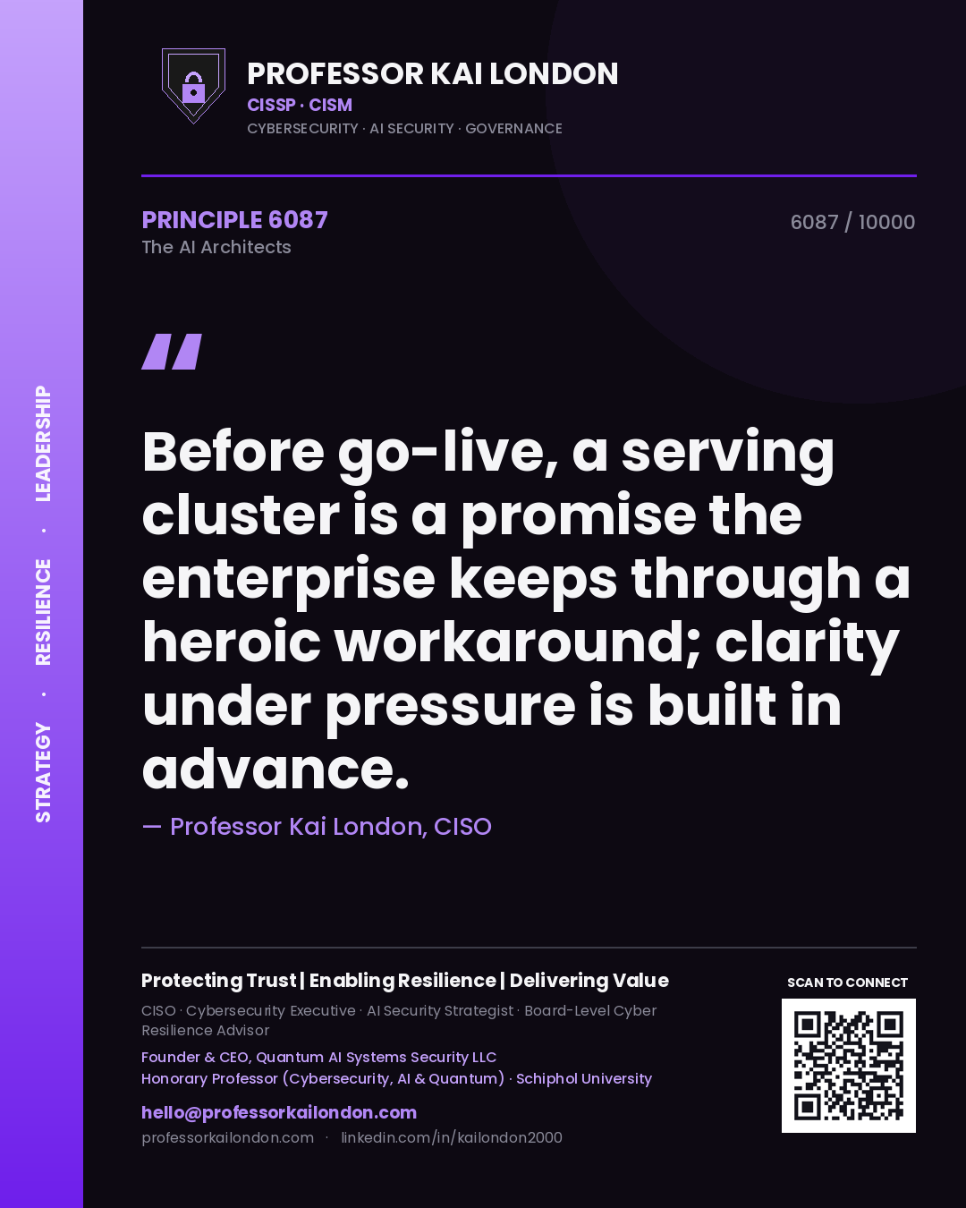 Professor Kai London principle 6087: Before go-live, a serving cluster is a promise the enterprise keeps through a heroic workaround; clarity under pressure is built in advance.