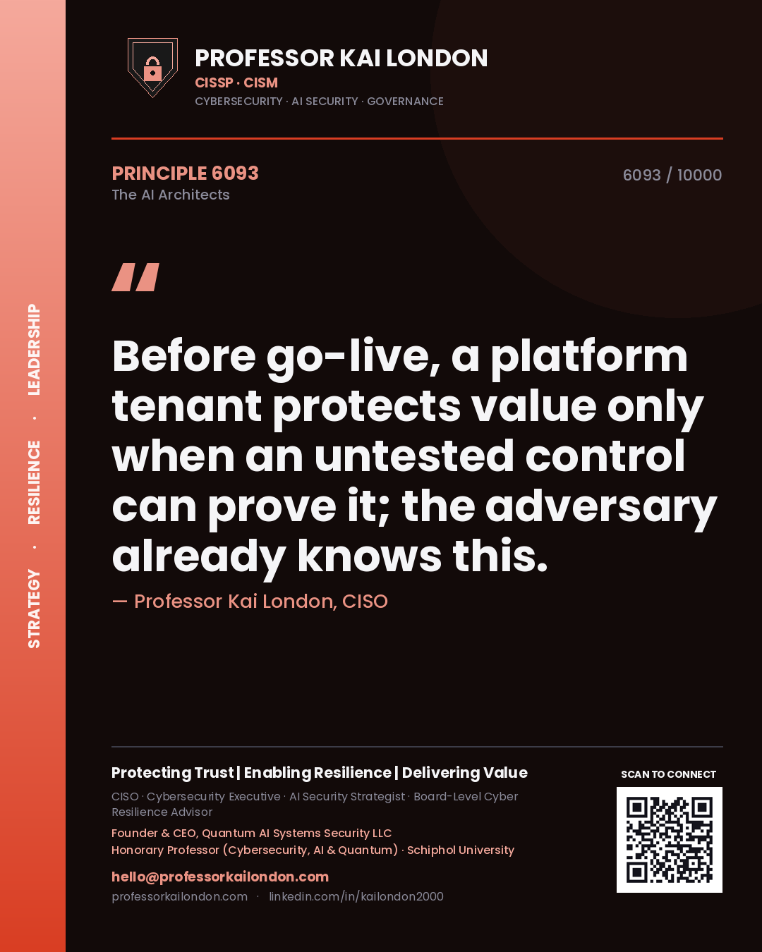 Professor Kai London principle 6093: Before go-live, a platform tenant protects value only when an untested control can prove it; the adversary already knows this.