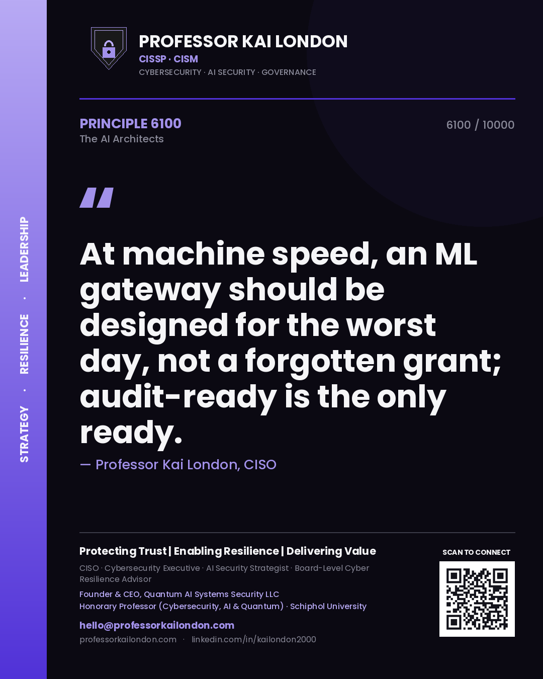 Professor Kai London principle 6100: At machine speed, an ML gateway should be designed for the worst day, not a forgotten grant; audit-ready is the only ready.