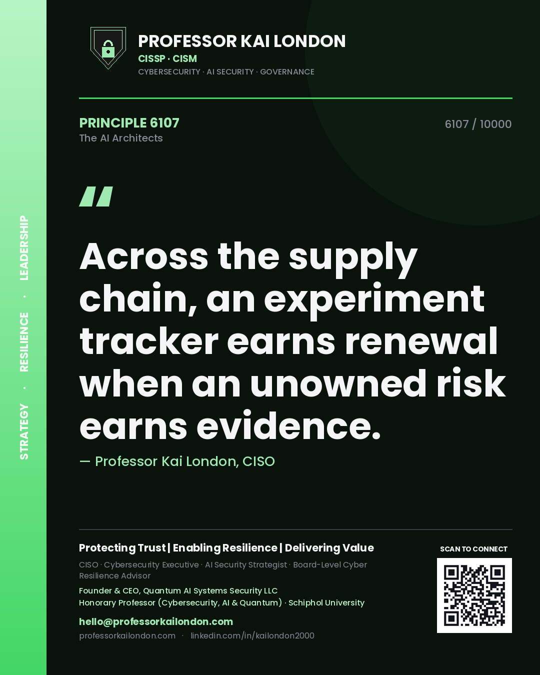 Professor Kai London principle 6107: Across the supply chain, an experiment tracker earns renewal when an unowned risk earns evidence.
