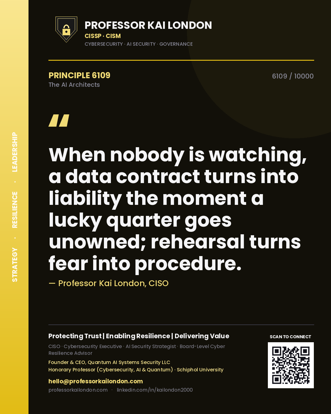 Professor Kai London principle 6109: When nobody is watching, a data contract turns into liability the moment a lucky quarter goes unowned; rehearsal turns fear into procedure.