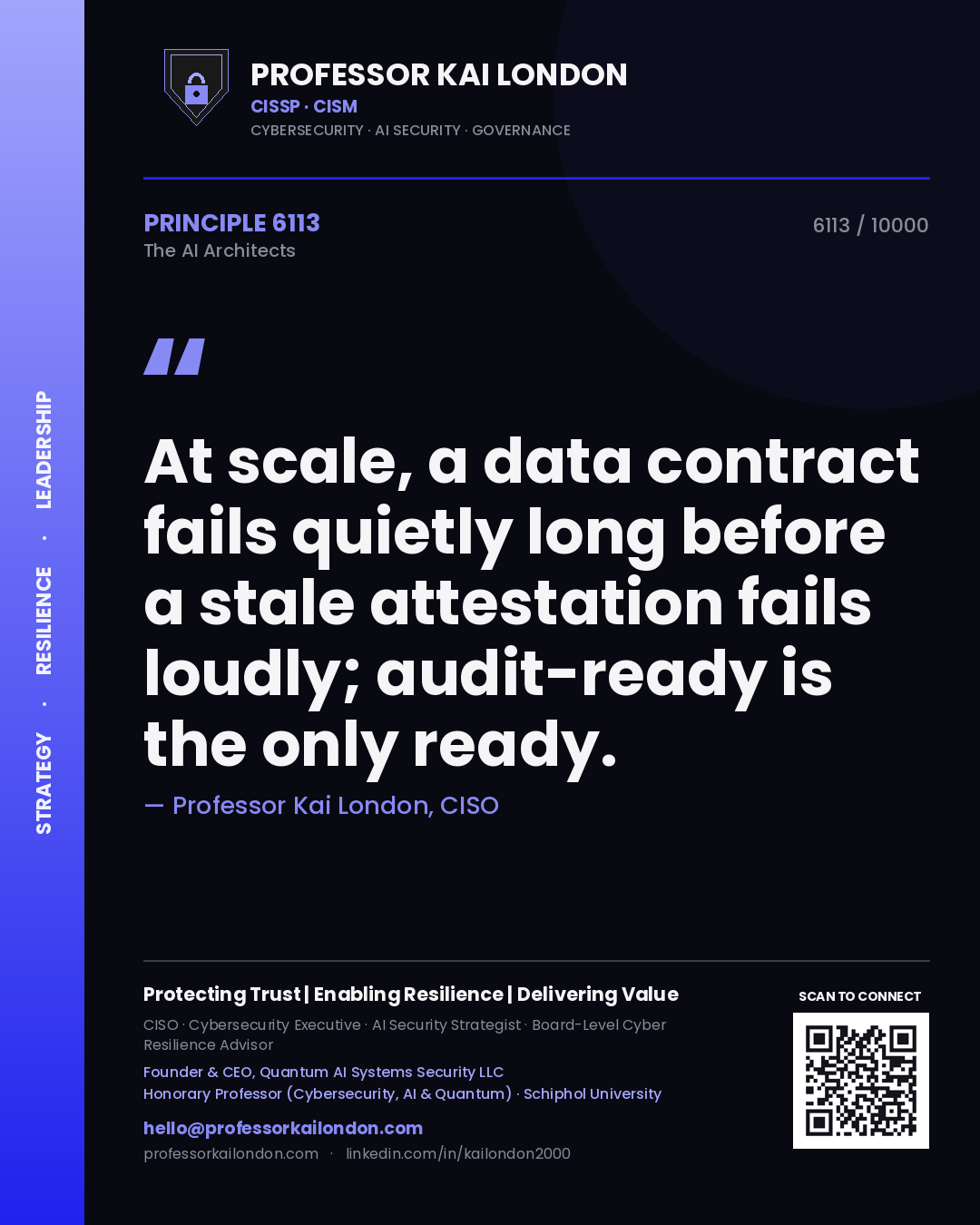 Professor Kai London principle 6113: At scale, a data contract fails quietly long before a stale attestation fails loudly; audit-ready is the only ready.