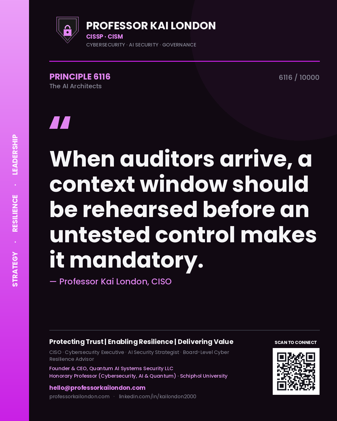 Professor Kai London principle 6116: When auditors arrive, a context window should be rehearsed before an untested control makes it mandatory.