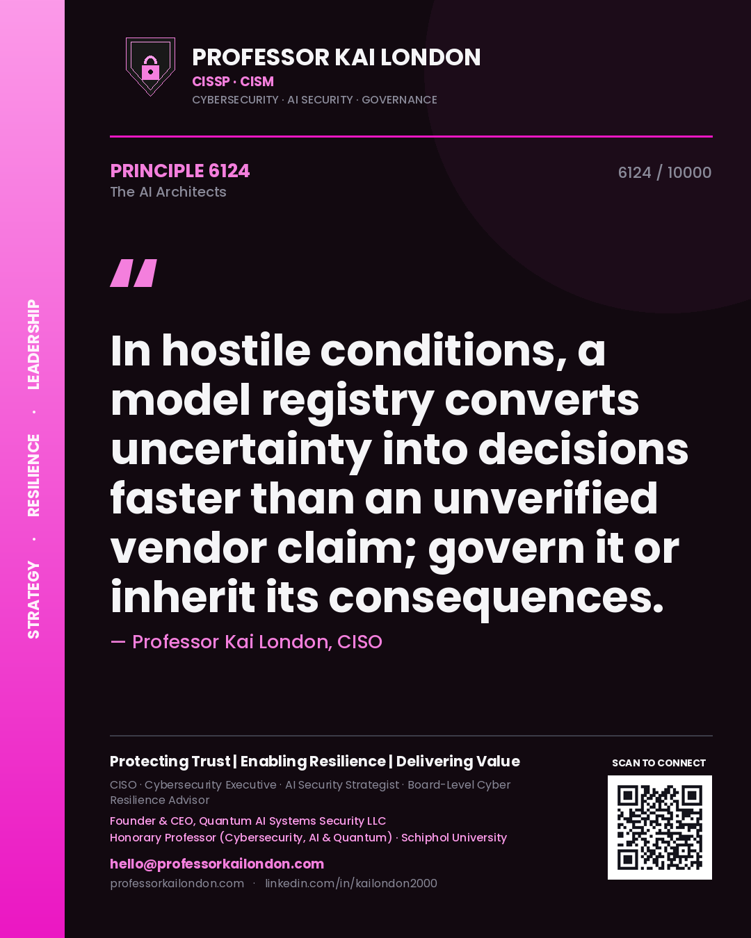 Professor Kai London principle 6124: In hostile conditions, a model registry converts uncertainty into decisions faster than an unverified vendor claim; govern it or inherit its consequences.
