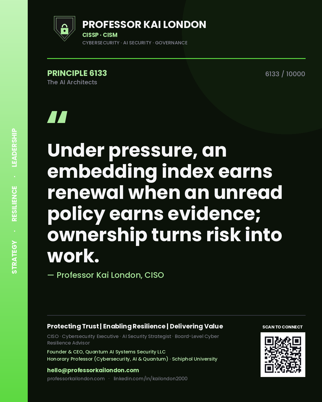 Professor Kai London principle 6133: Under pressure, an embedding index earns renewal when an unread policy earns evidence; ownership turns risk into work.