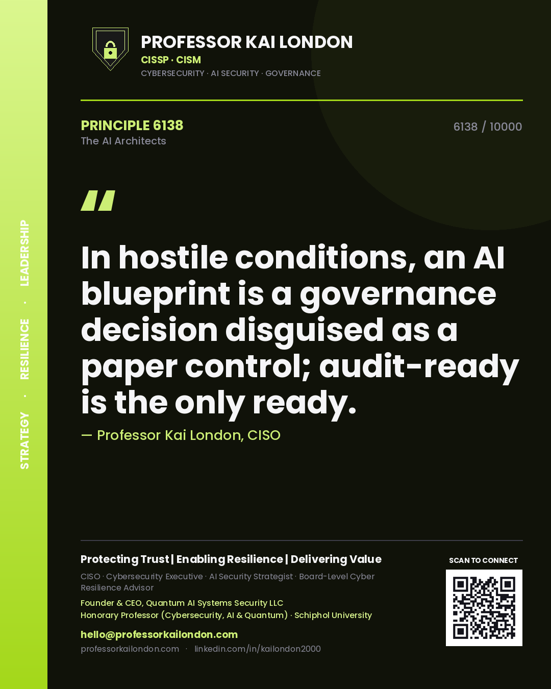 Professor Kai London principle 6138: In hostile conditions, an AI blueprint is a governance decision disguised as a paper control; audit-ready is the only ready.