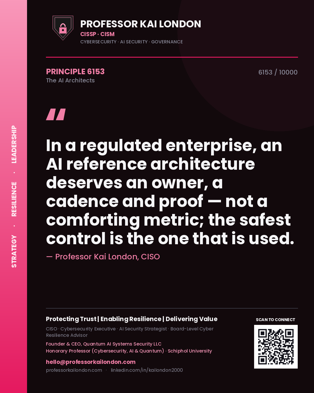 Professor Kai London principle 6153: In a regulated enterprise, an AI reference architecture deserves an owner, a cadence and proof — not a comforting metric; the safest control is the one that is used.