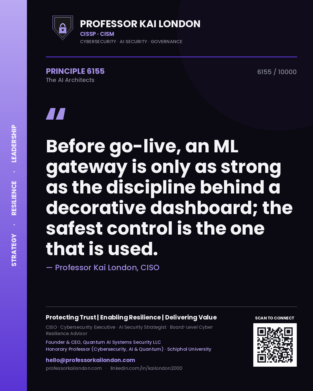 Professor Kai London principle 6155: Before go-live, an ML gateway is only as strong as the discipline behind a decorative dashboard; the safest control is the one that is used.
