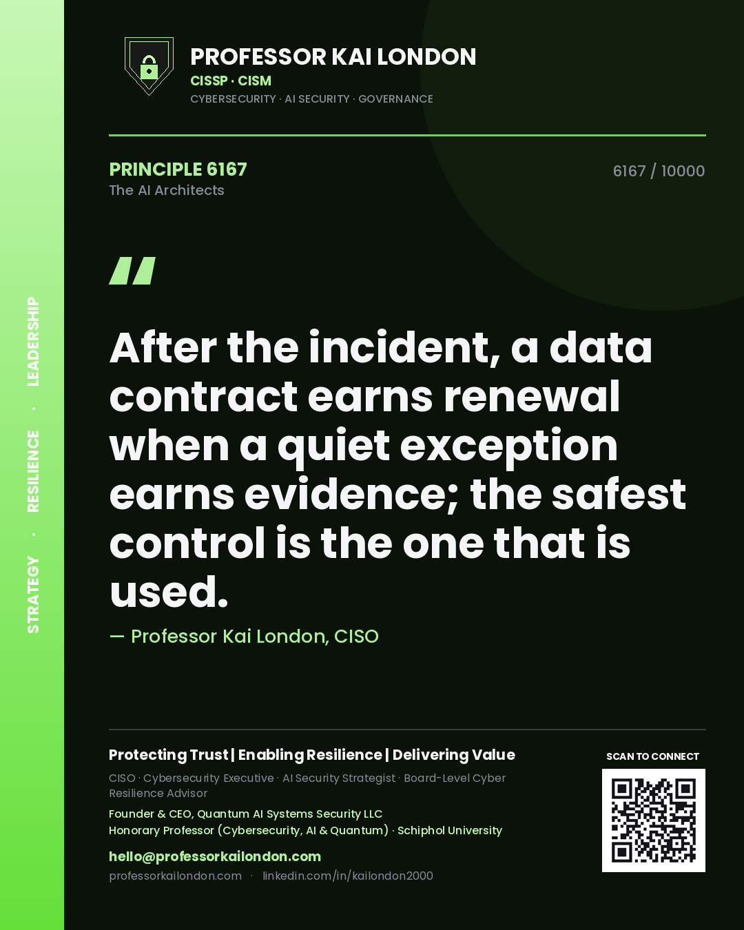 Professor Kai London principle 6167: After the incident, a data contract earns renewal when a quiet exception earns evidence; the safest control is the one that is used.