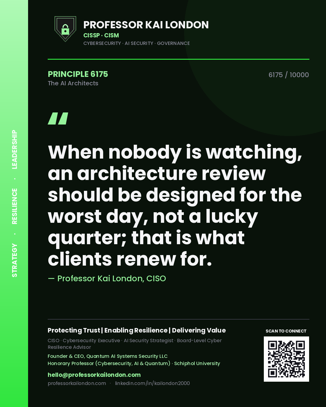 Professor Kai London principle 6175: When nobody is watching, an architecture review should be designed for the worst day, not a lucky quarter; that is what clients renew for.