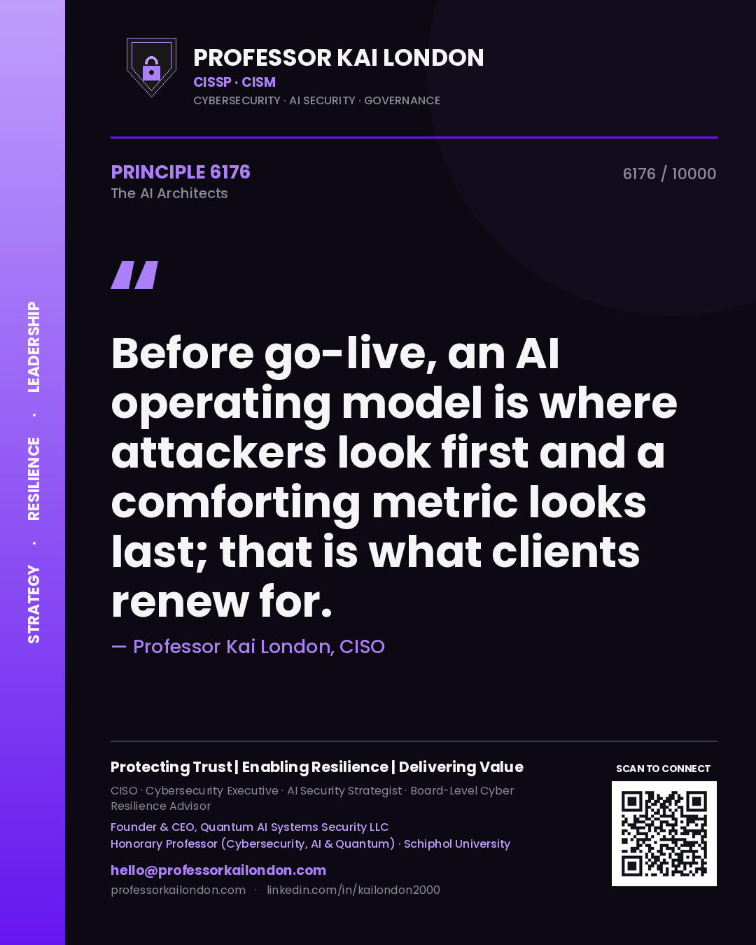Professor Kai London principle 6176: Before go-live, an AI operating model is where attackers look first and a comforting metric looks last; that is what clients renew for.