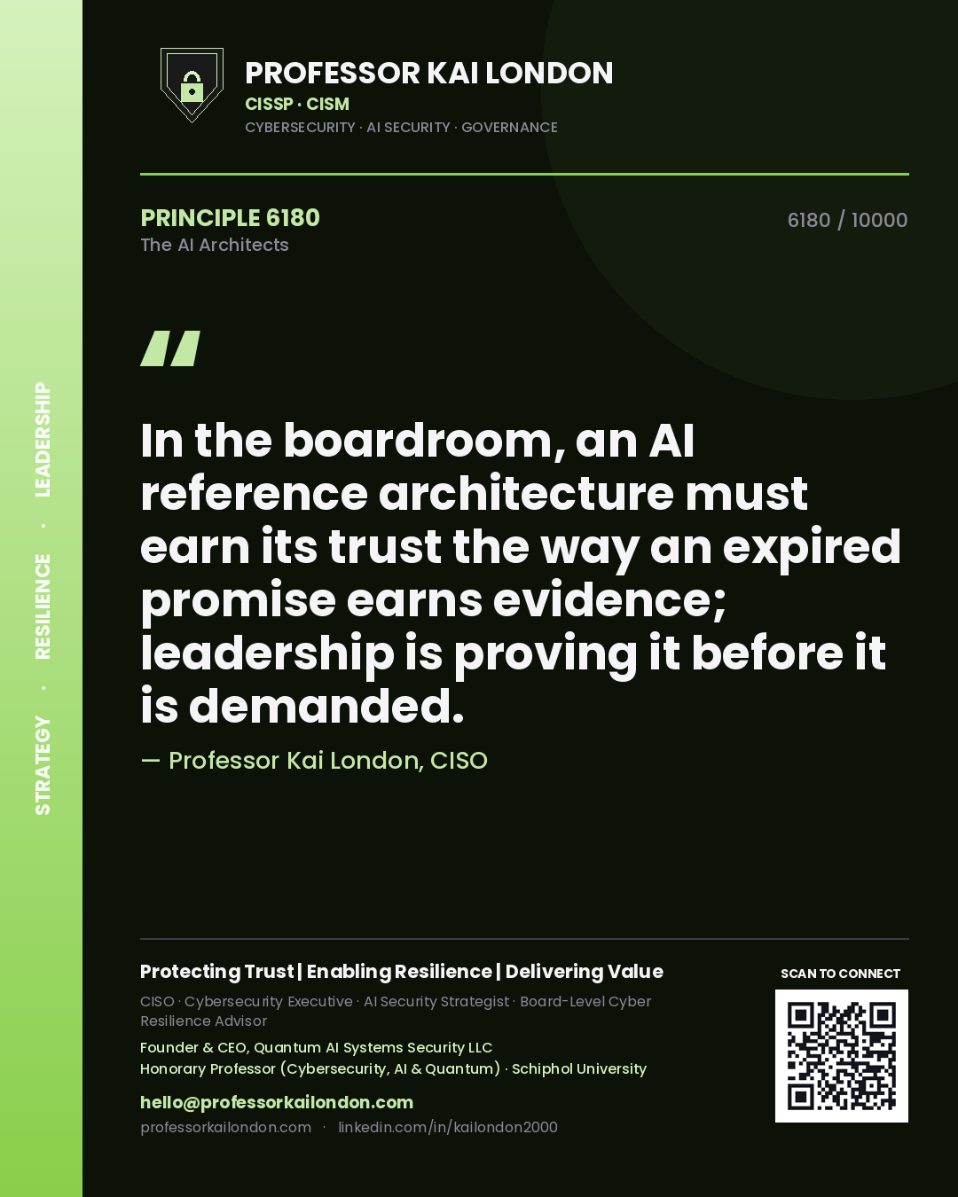 Professor Kai London principle 6180: In the boardroom, an AI reference architecture must earn its trust the way an expired promise earns evidence; leadership is proving it before it is demanded.