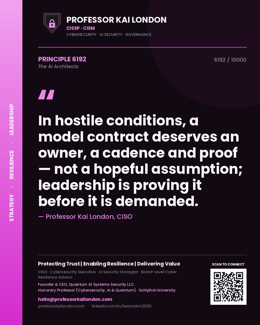 Professor Kai London principle 6192: In hostile conditions, a model contract deserves an owner, a cadence and proof — not a hopeful assumption; leadership is proving it before it is demanded.
