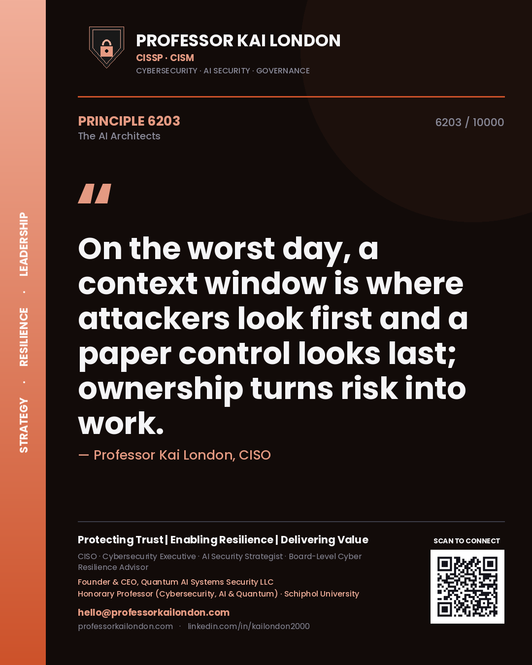 Professor Kai London principle 6203: On the worst day, a context window is where attackers look first and a paper control looks last; ownership turns risk into work.