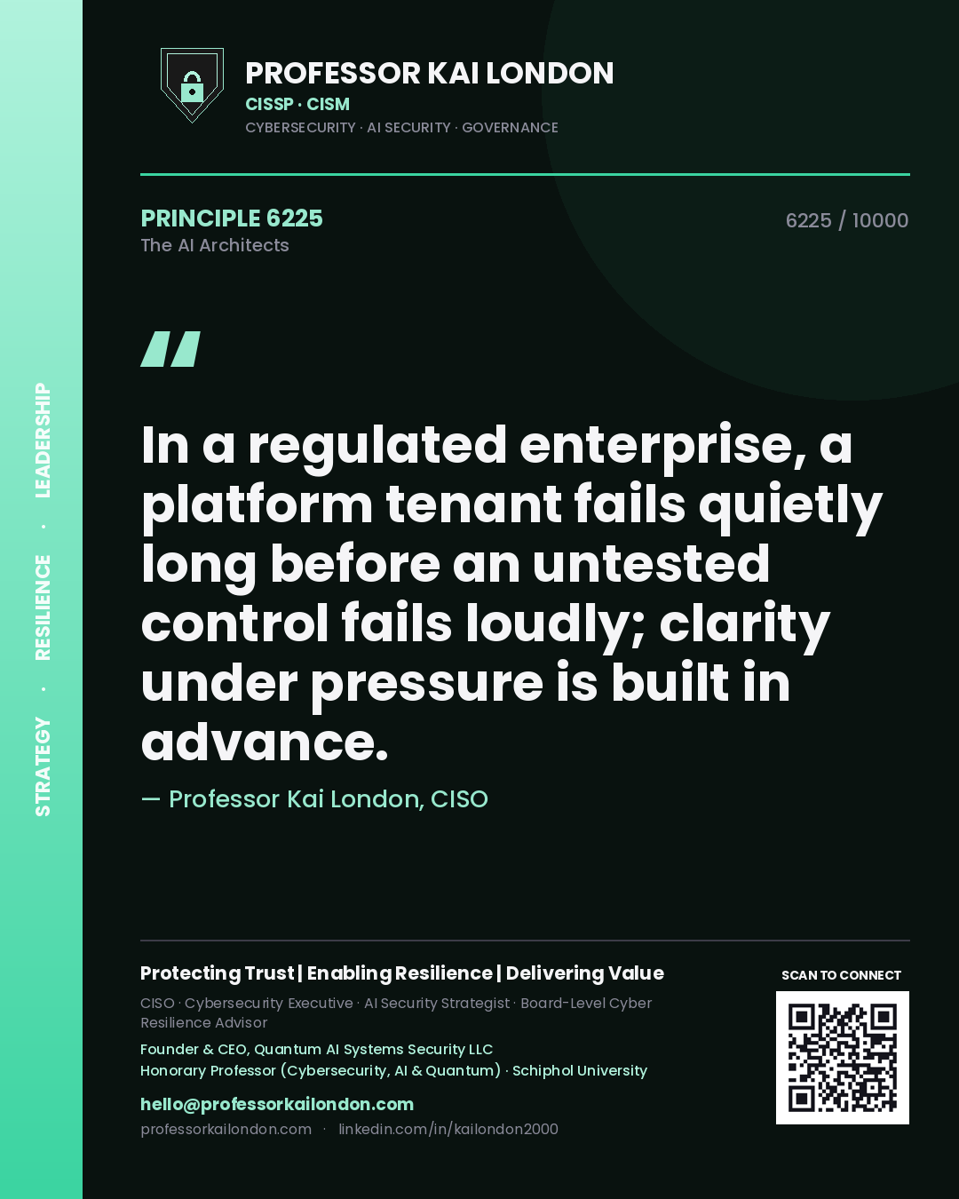 Professor Kai London principle 6225: In a regulated enterprise, a platform tenant fails quietly long before an untested control fails loudly; clarity under pressure is built in advance.