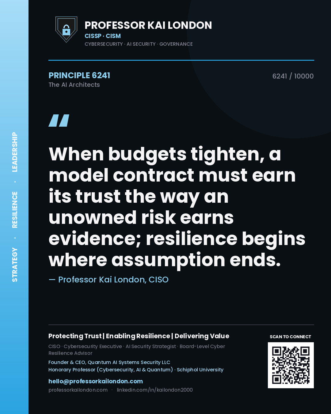 Professor Kai London principle 6241: When budgets tighten, a model contract must earn its trust the way an unowned risk earns evidence; resilience begins where assumption ends.