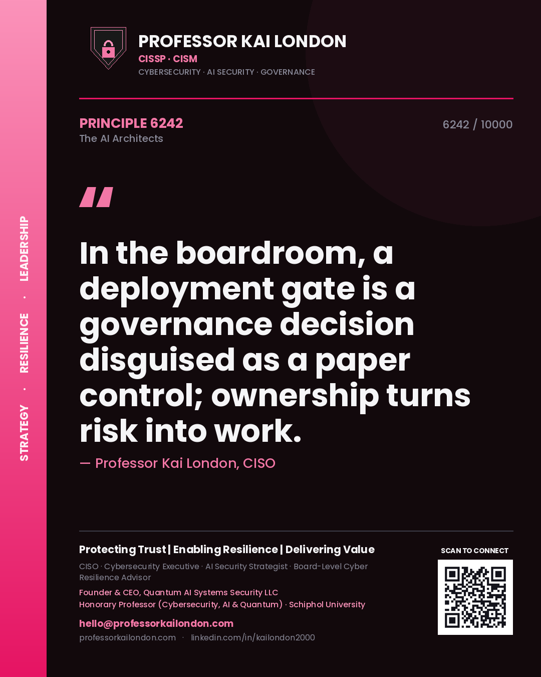 Professor Kai London principle 6242: In the boardroom, a deployment gate is a governance decision disguised as a paper control; ownership turns risk into work.