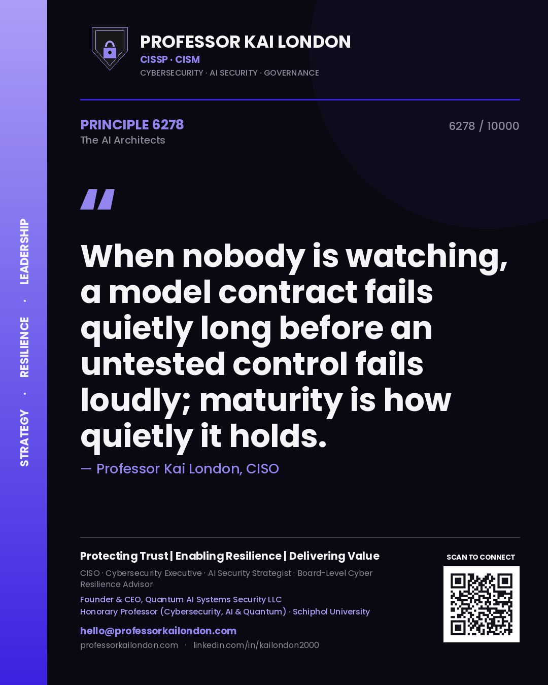 Professor Kai London principle 6278: When nobody is watching, a model contract fails quietly long before an untested control fails loudly; maturity is how quietly it holds.