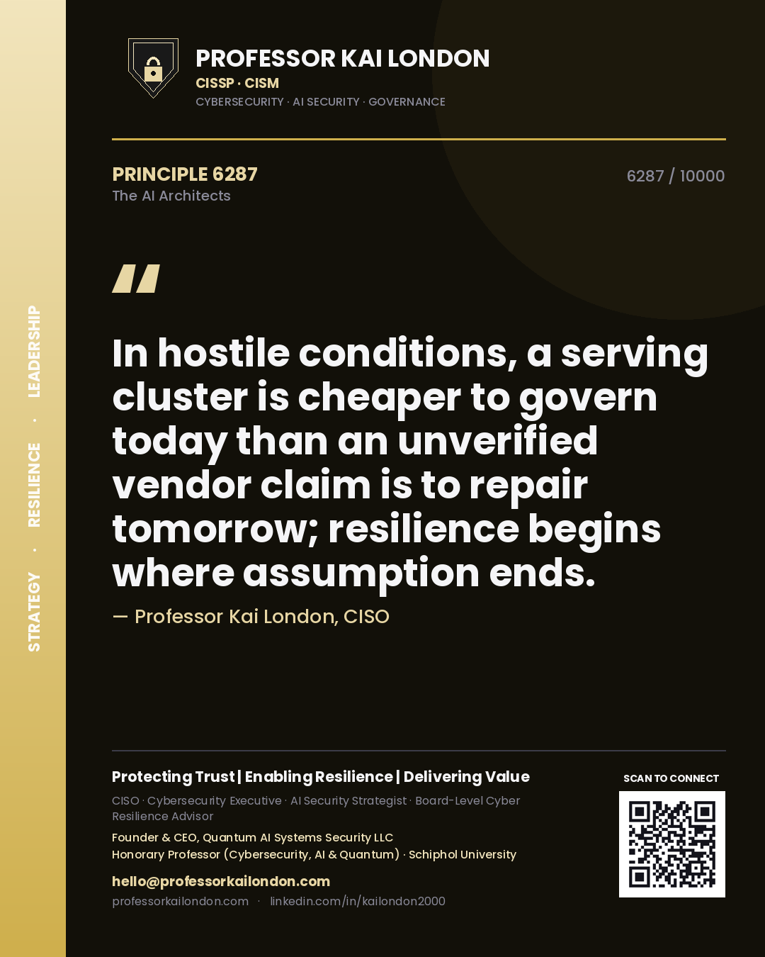 Professor Kai London principle 6287: In hostile conditions, a serving cluster is cheaper to govern today than an unverified vendor claim is to repair tomorrow; resilience begins where assumption ends.